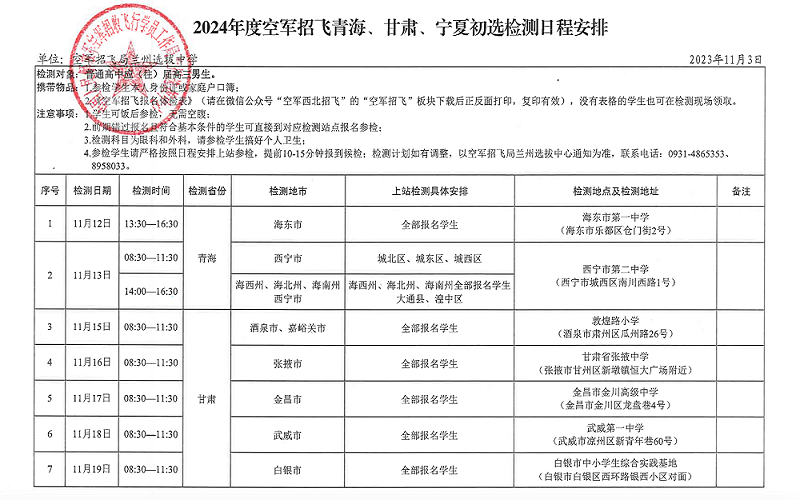 青海2024年度空军招飞宣传报名和初检时间