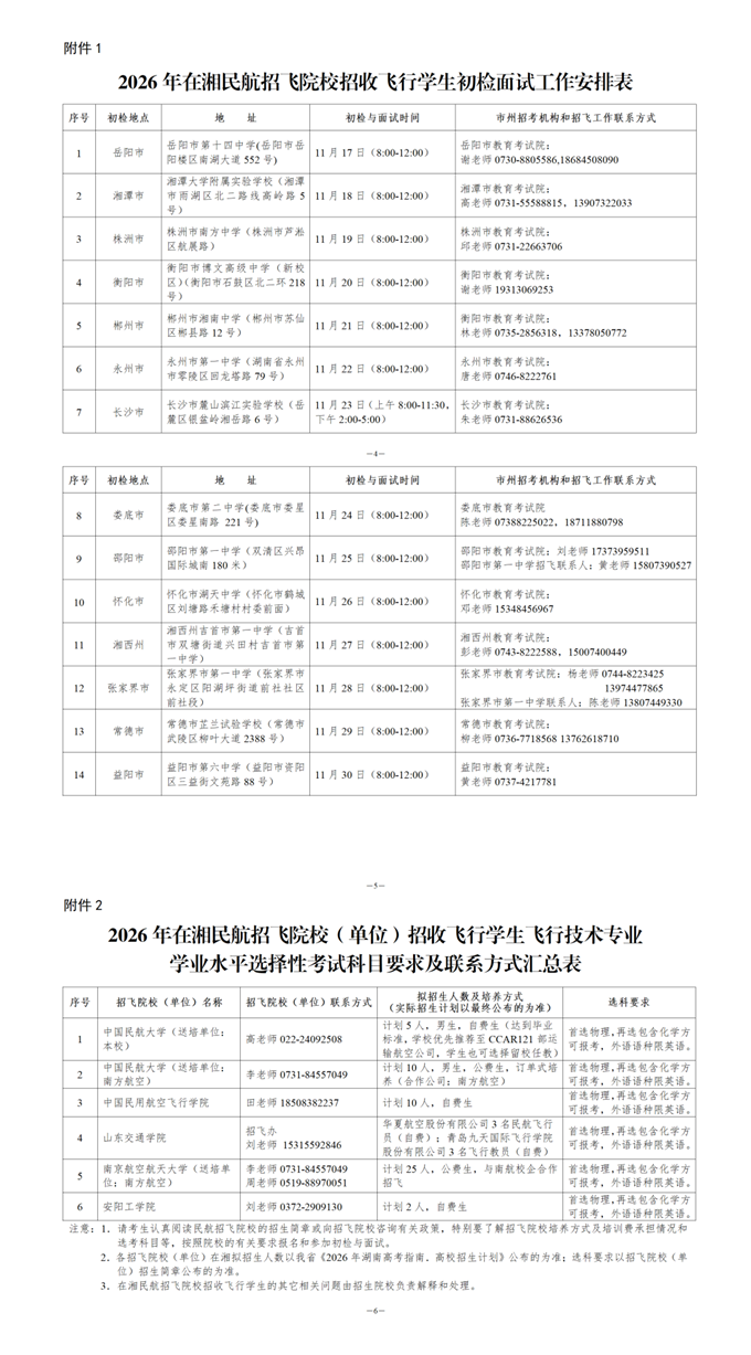 湖南：关于组织2026年在湘民航招飞院校招收飞行学生初检等有关工作的通知