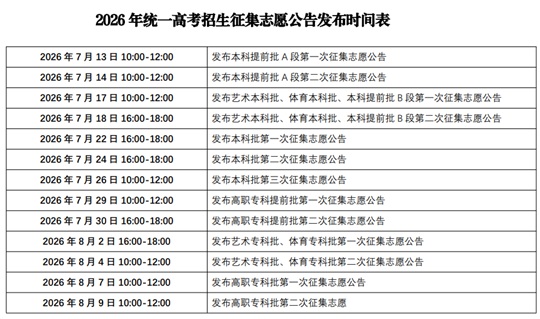 重庆：2026 年统一高考招生征集志愿公告发布时间表